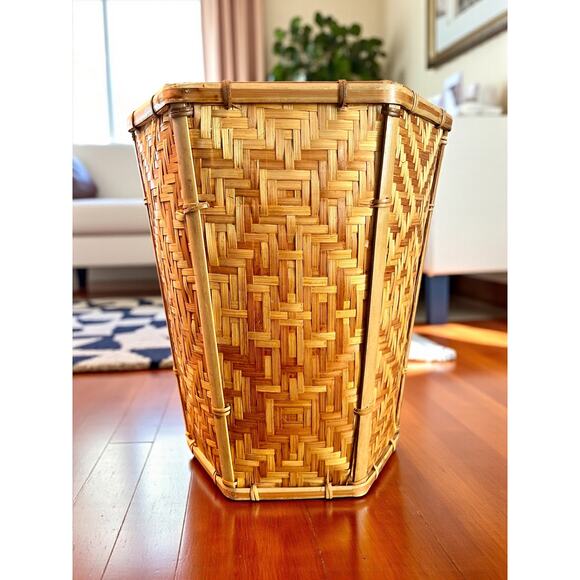 Vintage Bamboo Rattan Basket Waste Bin-Planter-Hexagon Woven Boho-Wicker-Rustic - Picture 4 of 5